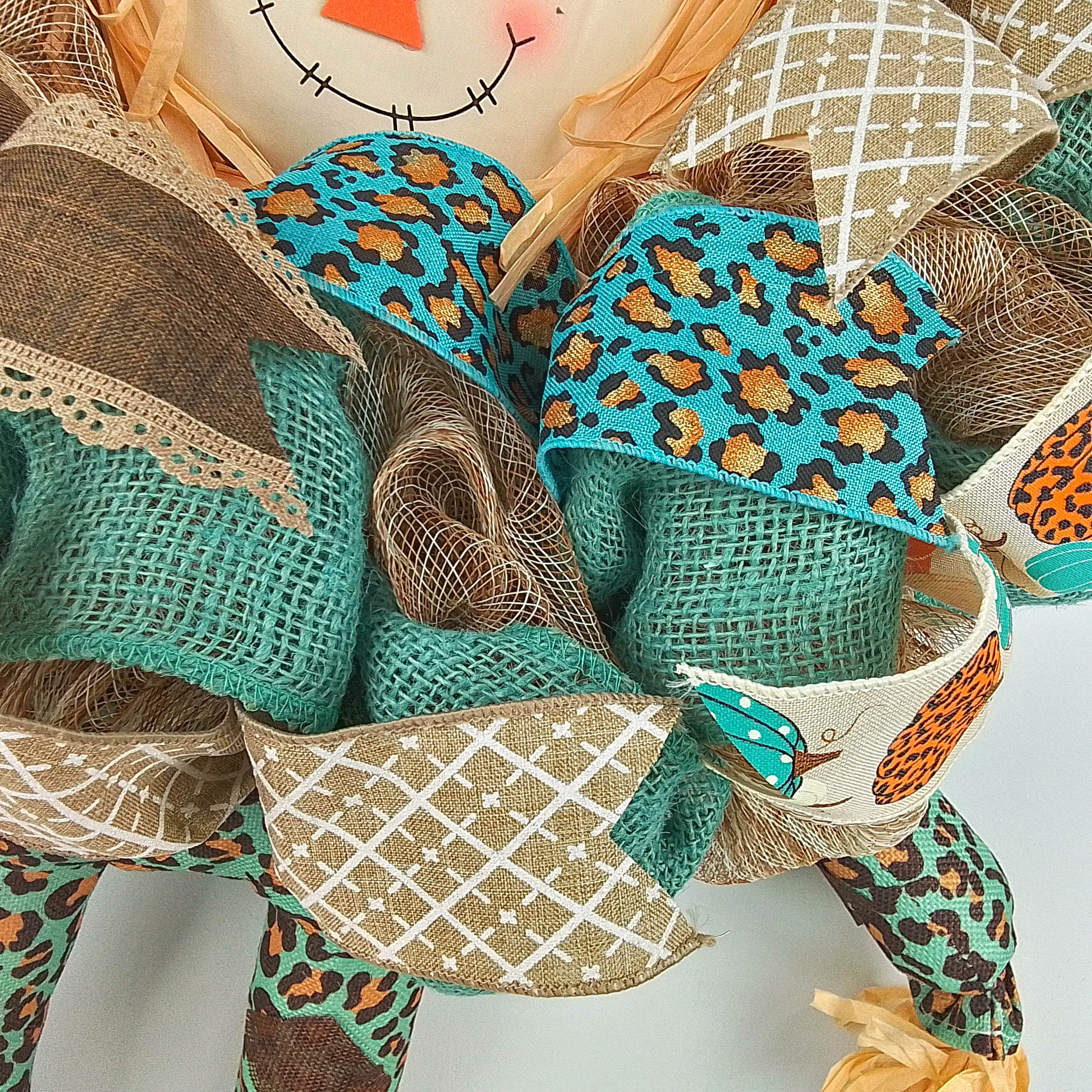 Animal Print Scarecrow Wreath - Burlap Ivory Turquoise Teal