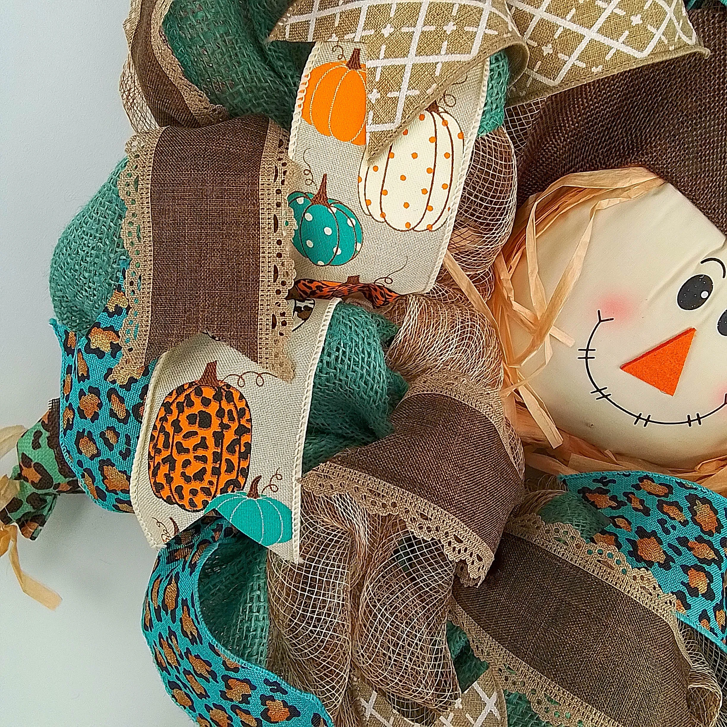 Animal Print Scarecrow Wreath - Burlap Ivory Turquoise Teal