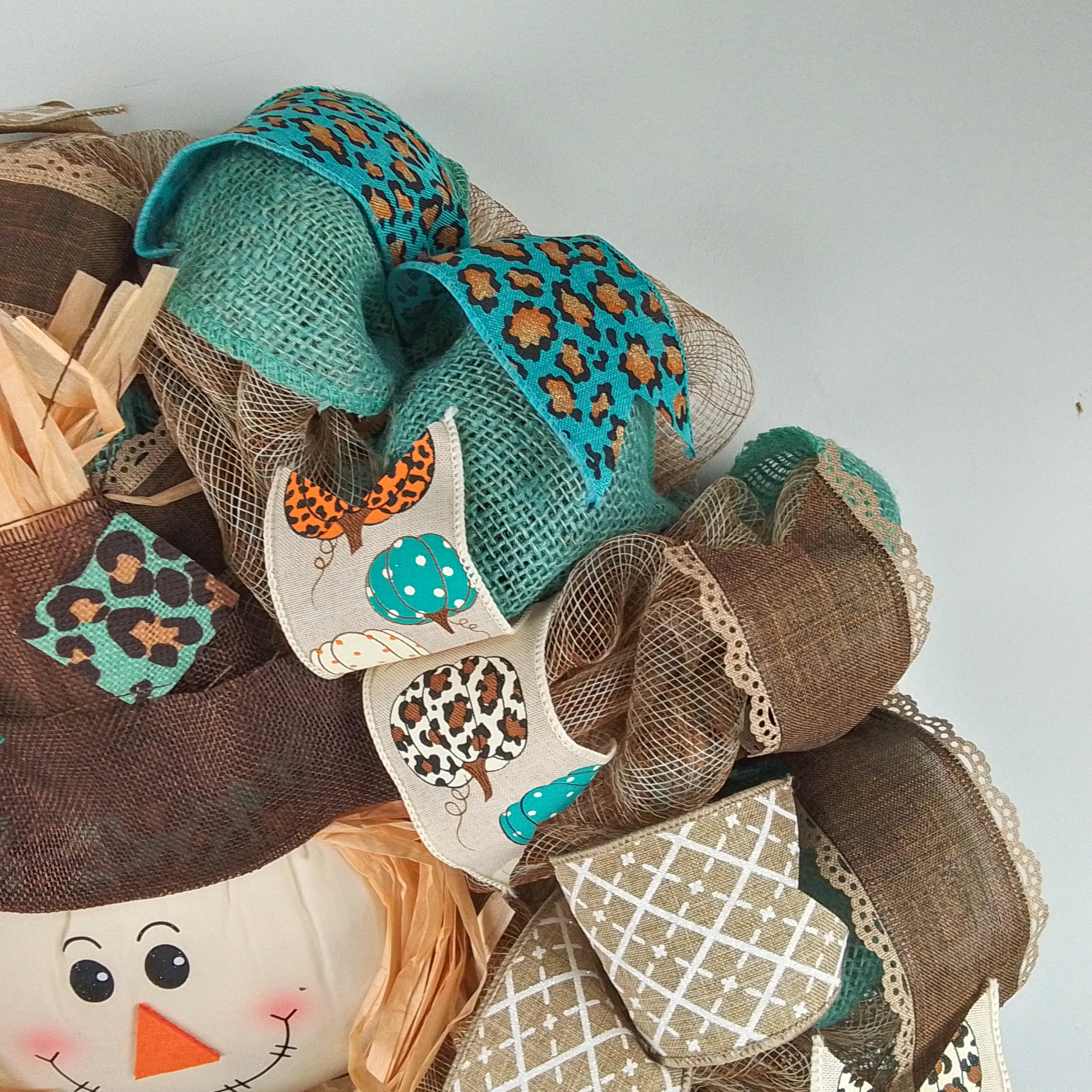 Animal Print Scarecrow Wreath - Burlap Ivory Turquoise Teal