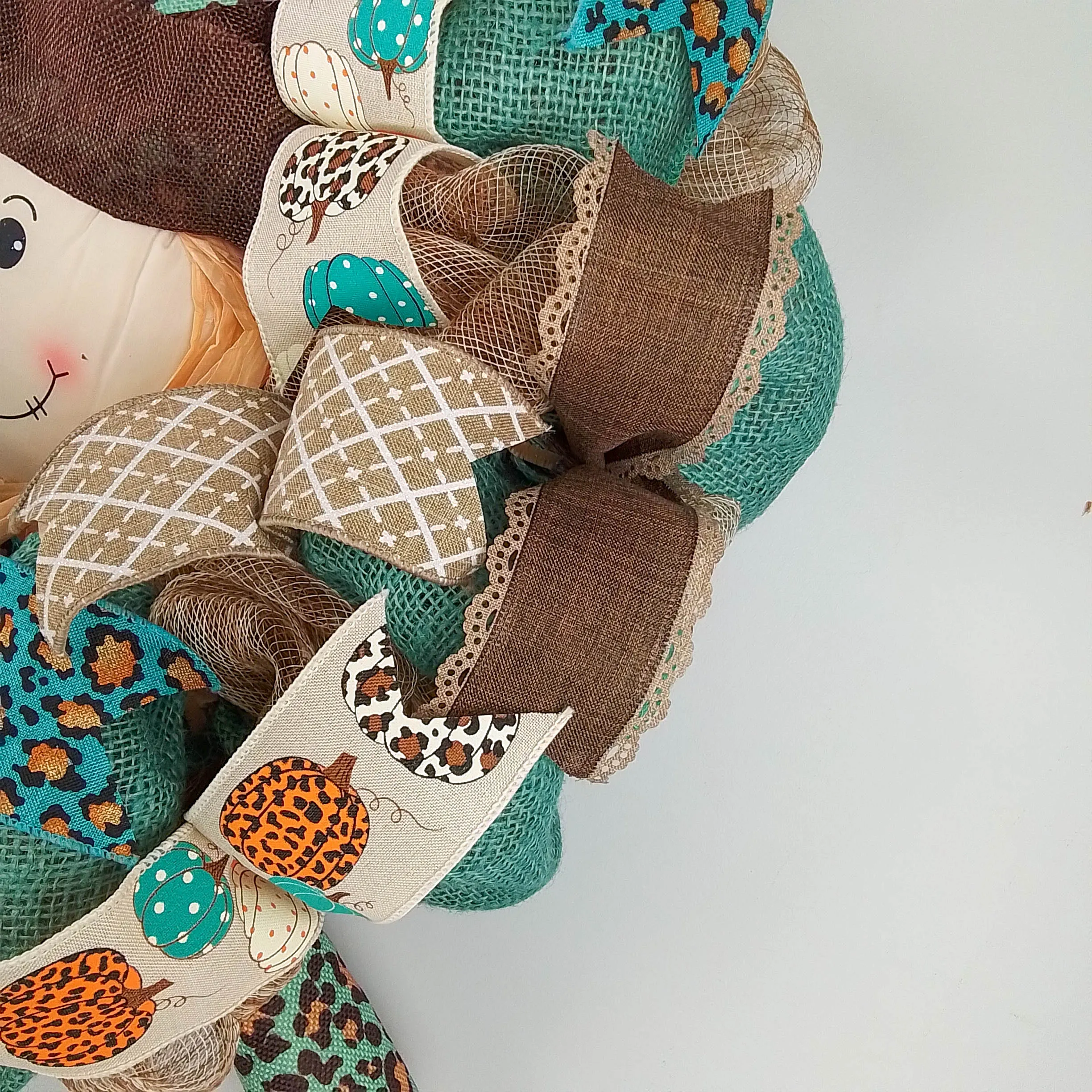 Animal Print Scarecrow Wreath - Burlap Ivory Turquoise Teal