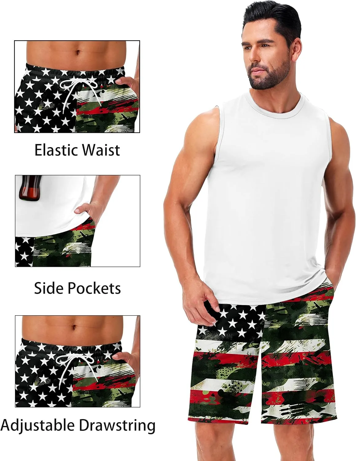 AOBUTE Men's 4th of July Shorts American Flag Patriotic Shorts with Pockets