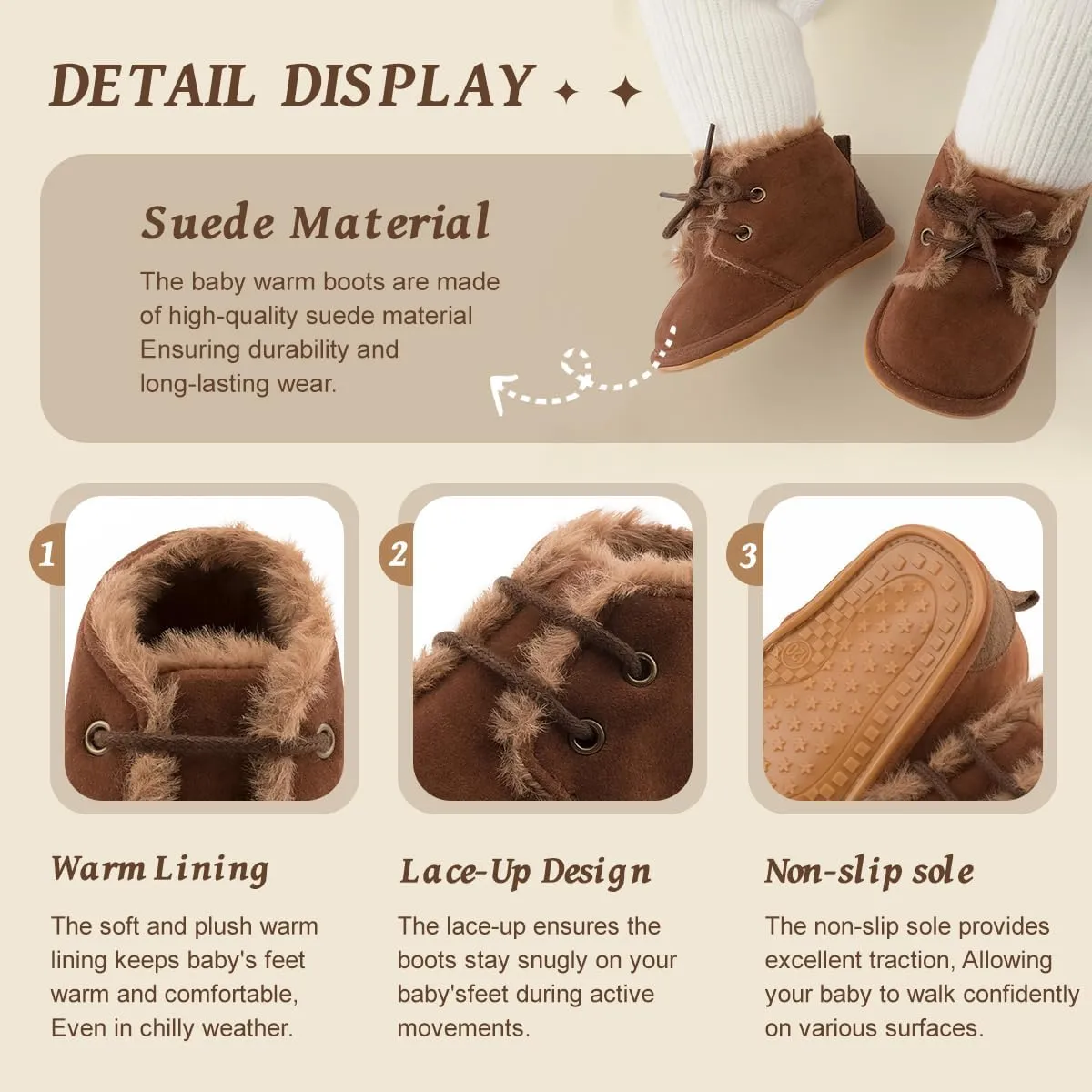 Baby Unisex Warm Snow Boots Newborn Leather Fur Lace Up Ankle Anti-Slip Rubber Texture Sole Toddler Prewalker Winter Crib Shoes