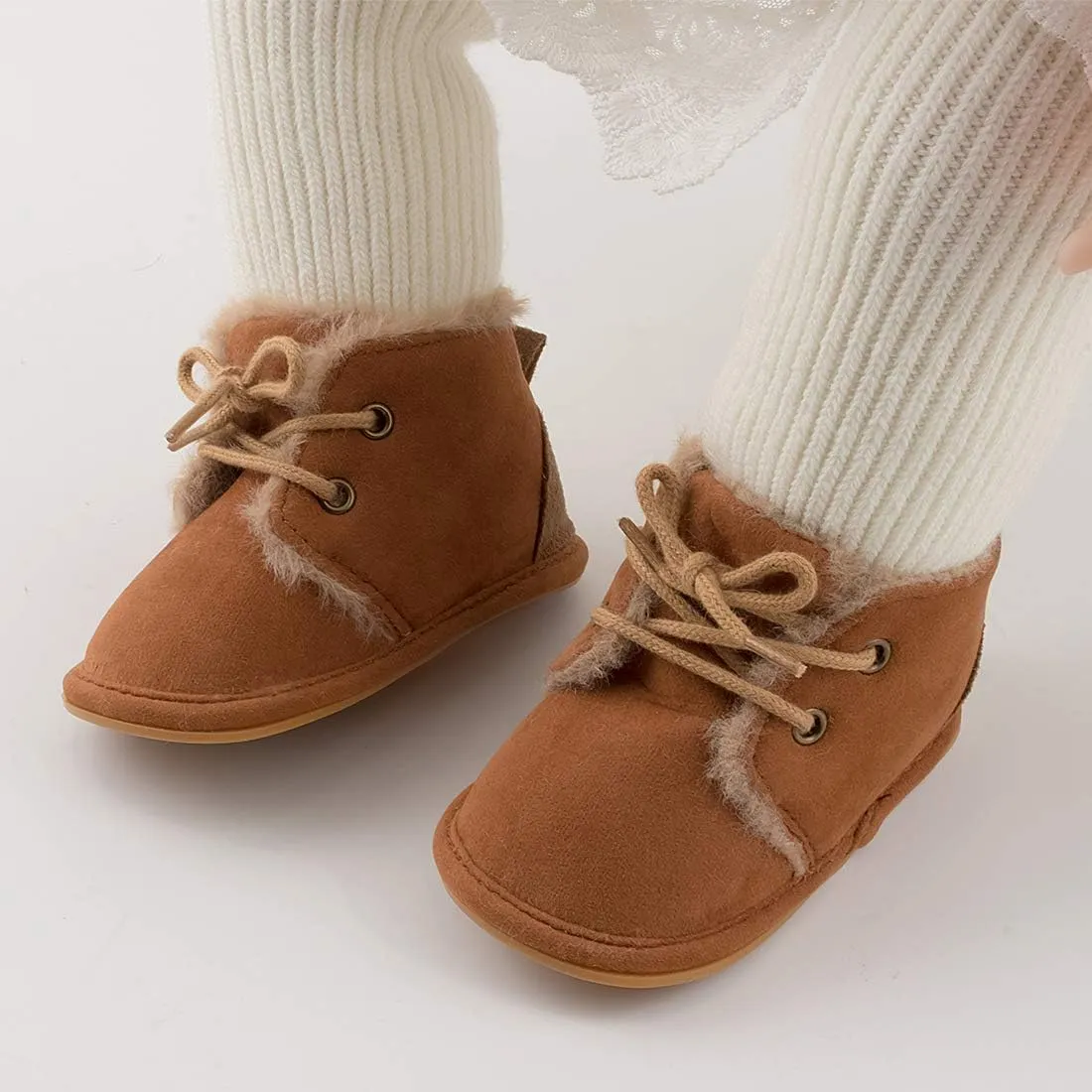 Baby Unisex Warm Snow Boots Newborn Leather Fur Lace Up Ankle Anti-Slip Rubber Texture Sole Toddler Prewalker Winter Crib Shoes