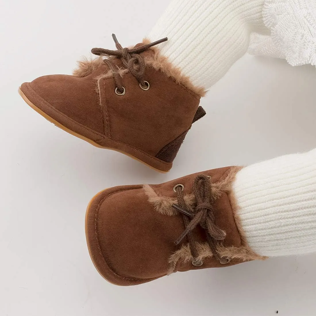 Baby Unisex Warm Snow Boots Newborn Leather Fur Lace Up Ankle Anti-Slip Rubber Texture Sole Toddler Prewalker Winter Crib Shoes
