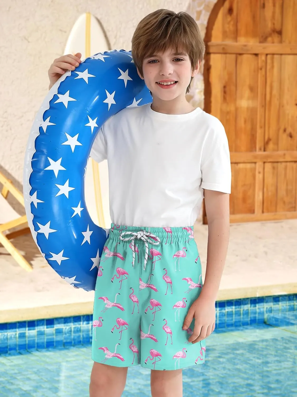 Boys 4th of July Summer Compression Liner Beach Swim Trunks American Flag Adjustable Drawstring Board Shorts 6-16 Years