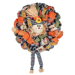 Buffalo Plaid Scarecrow Wreath - Thanksgiving Deco Mesh Fall Front Door Wreath