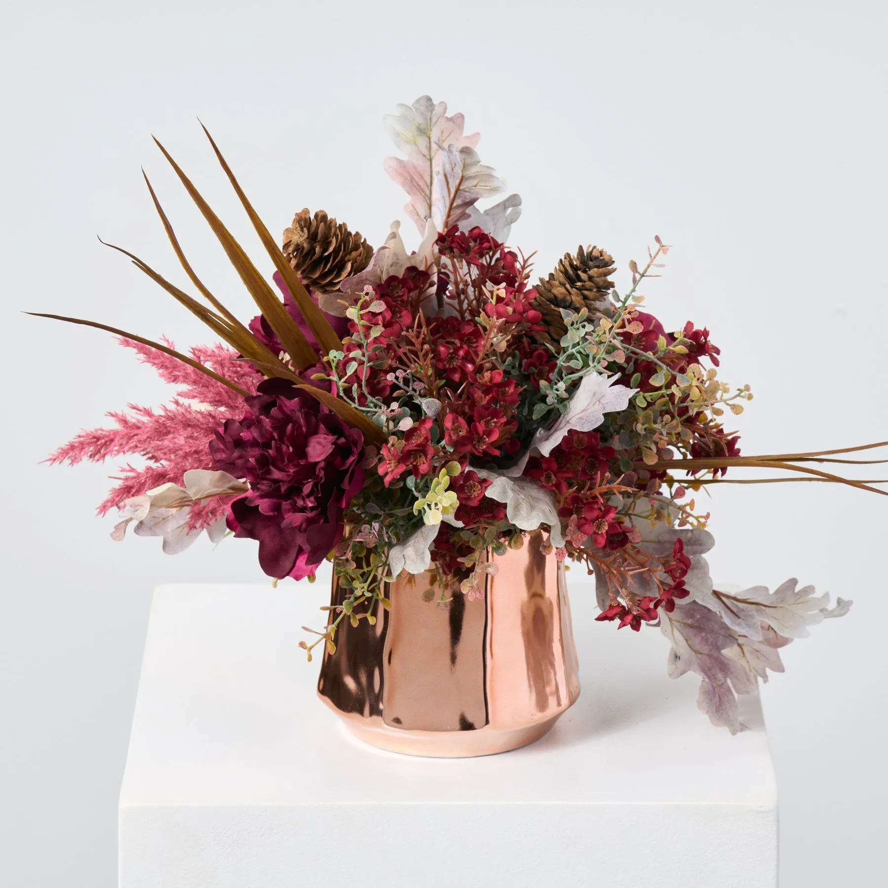Burgundy Fields Fall Tabletop Floral Arrangement Centerpiece in Rose Gold Pot