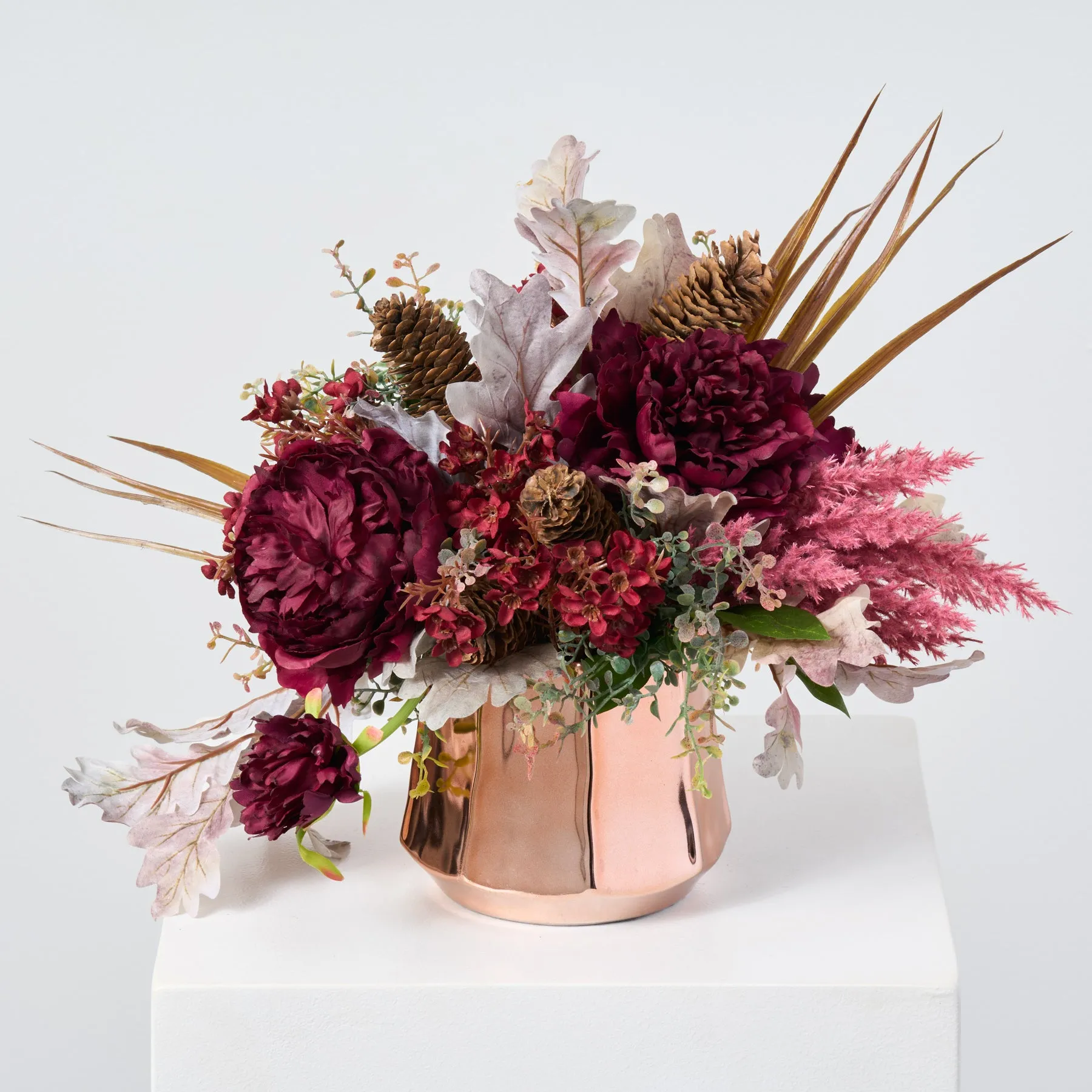 Burgundy Fields Fall Tabletop Floral Arrangement Centerpiece in Rose Gold Pot