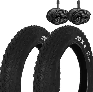CALPALMY 20 Inch Fat Bike Tires and Inner Tubes Set - (2 Set) 20" x 4.0 Tires and 20x3.0/3.5/4.0 Tubes with Schrader Valve Fit for MTB Off-Road and E-Bike - Premium Rubber and Knobby Tread