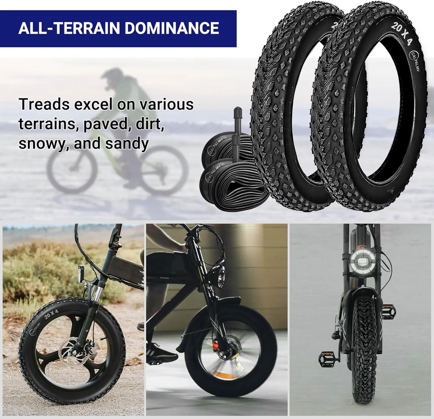 CALPALMY 20 Inch Fat Bike Tires and Inner Tubes Set - (2 Set) 20" x 4.0 Tires and 20x3.0/3.5/4.0 Tubes with Schrader Valve Fit for MTB Off-Road and E-Bike - Premium Rubber and Knobby Tread