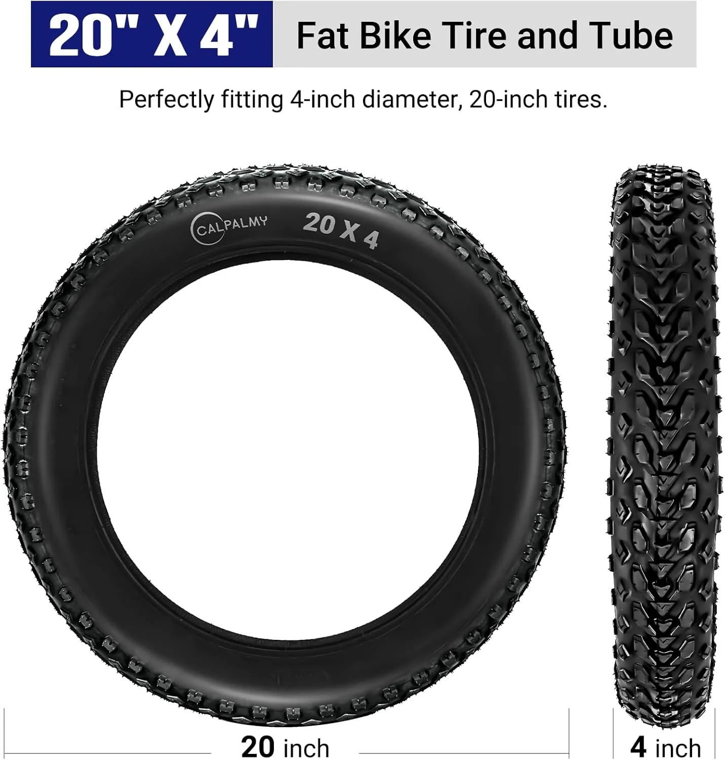 CALPALMY 20 Inch Fat Bike Tires and Inner Tubes Set - (2 Set) 20" x 4.0 Tires and 20x3.0/3.5/4.0 Tubes with Schrader Valve Fit for MTB Off-Road and E-Bike - Premium Rubber and Knobby Tread