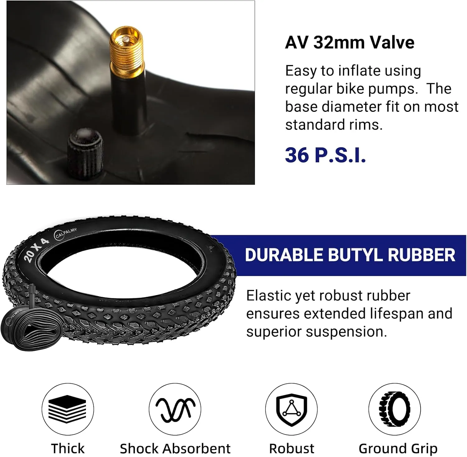 CALPALMY 20 Inch Fat Bike Tires and Inner Tubes Set - (2 Set) 20" x 4.0 Tires and 20x3.0/3.5/4.0 Tubes with Schrader Valve Fit for MTB Off-Road and E-Bike - Premium Rubber and Knobby Tread