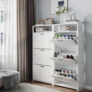 everyday Shoe Storage Cabinet Up to 18 Pairs with 3 Flip Adjustment Drawers, Modern Wood Narrow Shoe Cabinet for Entryway Slim, (23.6"x52"x9.4") Shoe Rack Organizer White