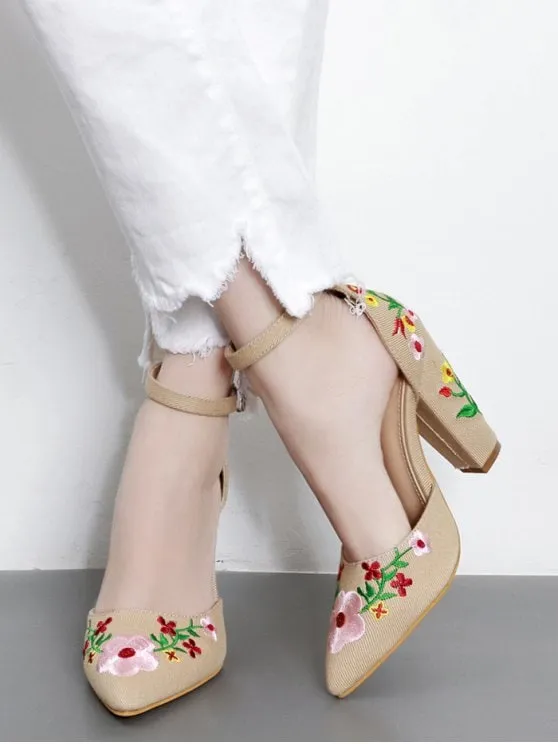 Fashion Embroidery Block Heel Two Piece Pumps