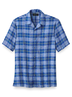 Linen Glen Plaid Casual Shirt - Cobalt/yellow