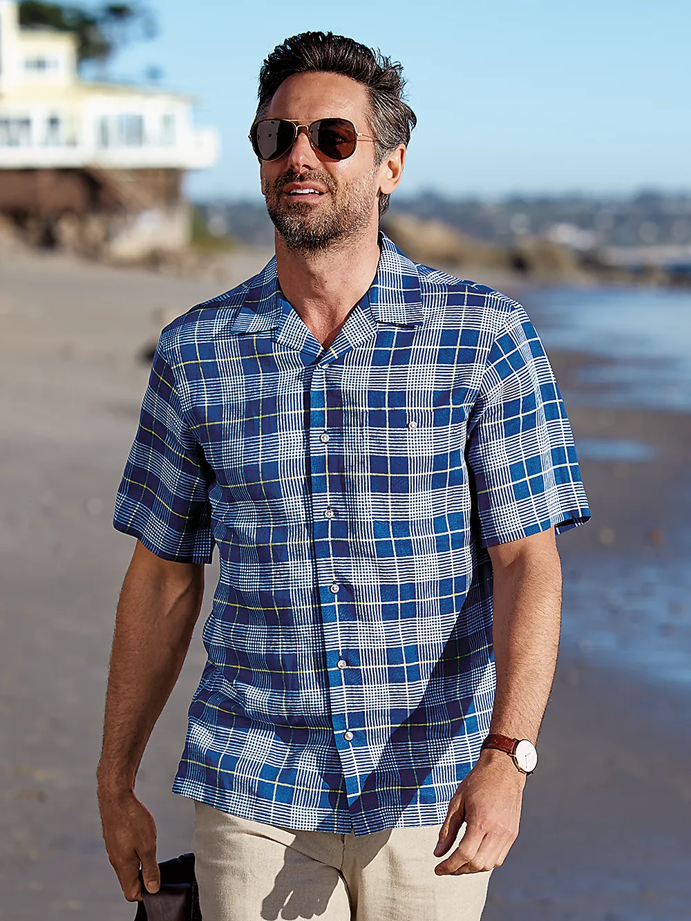 Linen Glen Plaid Casual Shirt - Cobalt/yellow