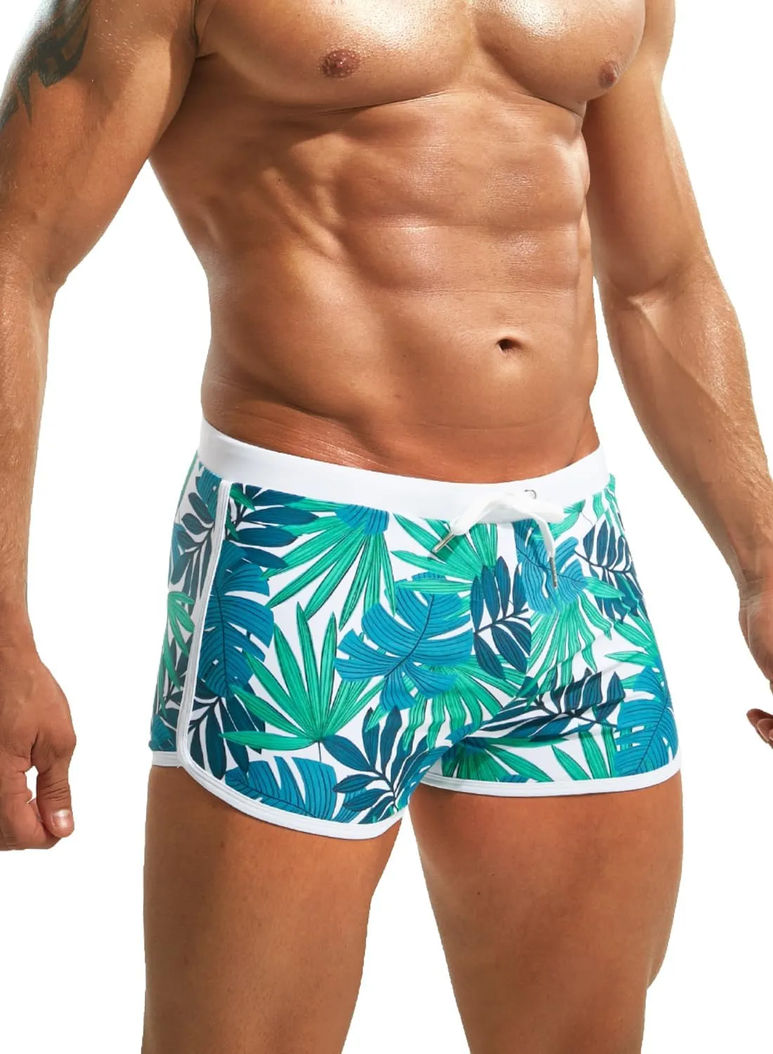 MIZOK Mens Hot Prints Swimwear Shorts Swimsuit Boxer Brief Long Thunk