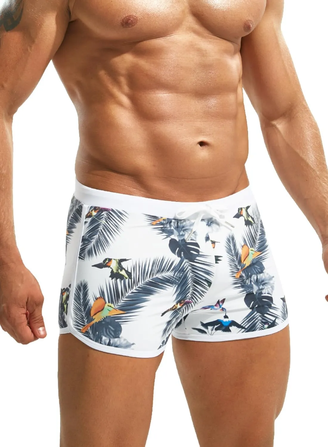 MIZOK Mens Hot Prints Swimwear Shorts Swimsuit Boxer Brief Long Thunk