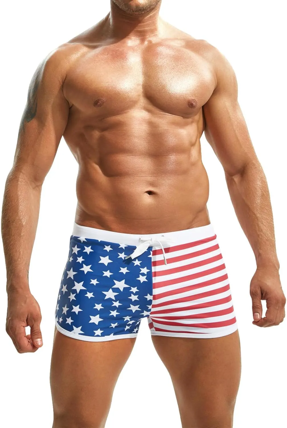 MIZOK Mens Hot Prints Swimwear Shorts Swimsuit Boxer Brief Long Thunk