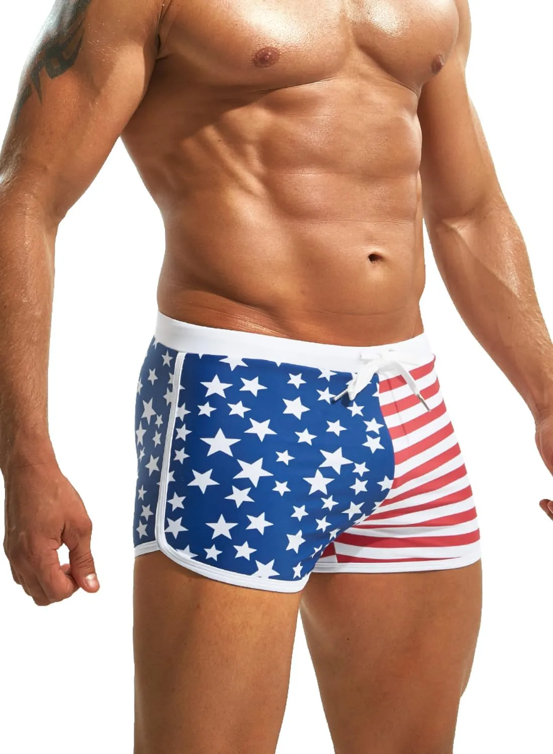 MIZOK Mens Hot Prints Swimwear Shorts Swimsuit Boxer Brief Long Thunk