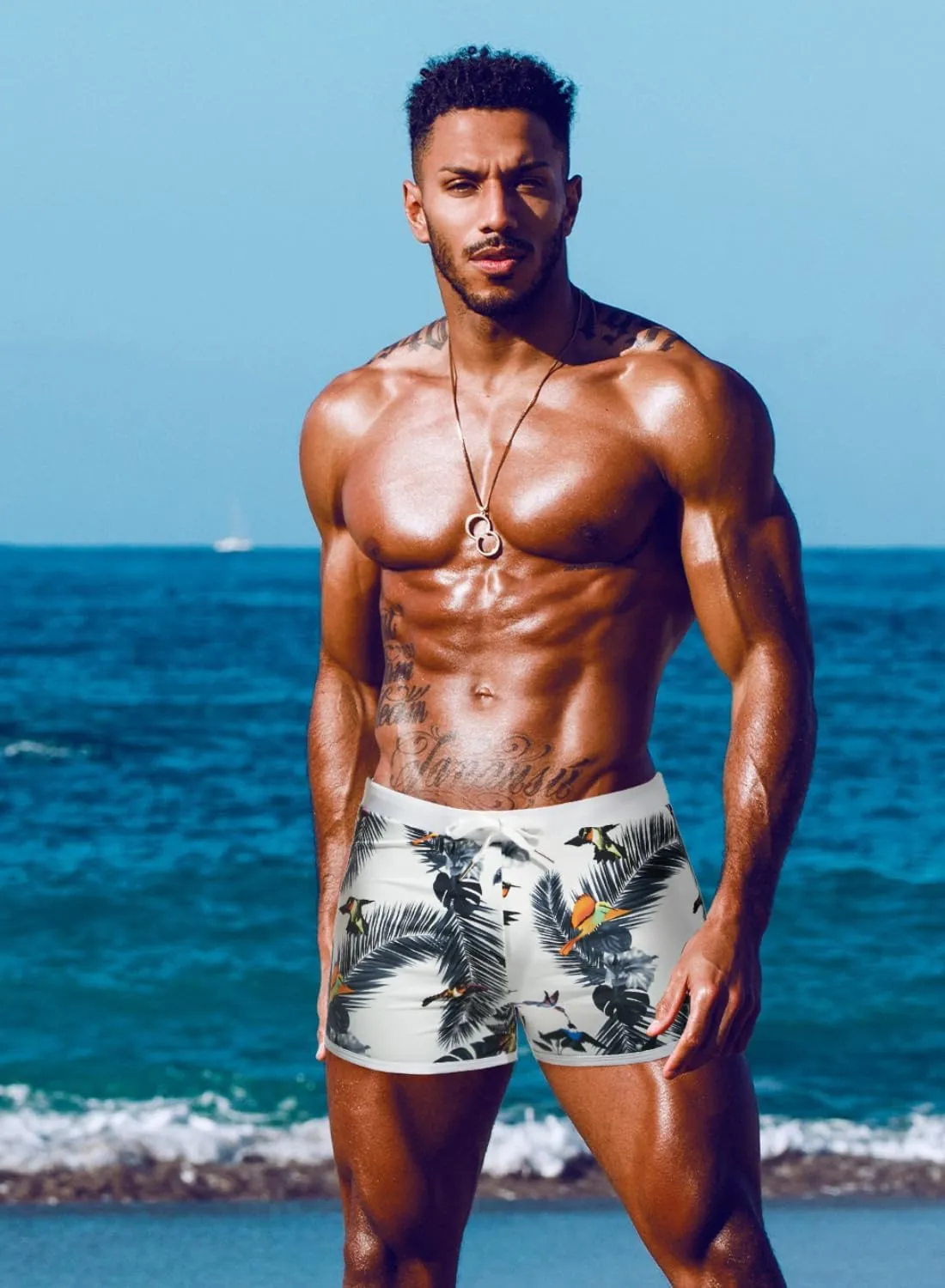 MIZOK Mens Hot Prints Swimwear Shorts Swimsuit Boxer Brief Long Thunk