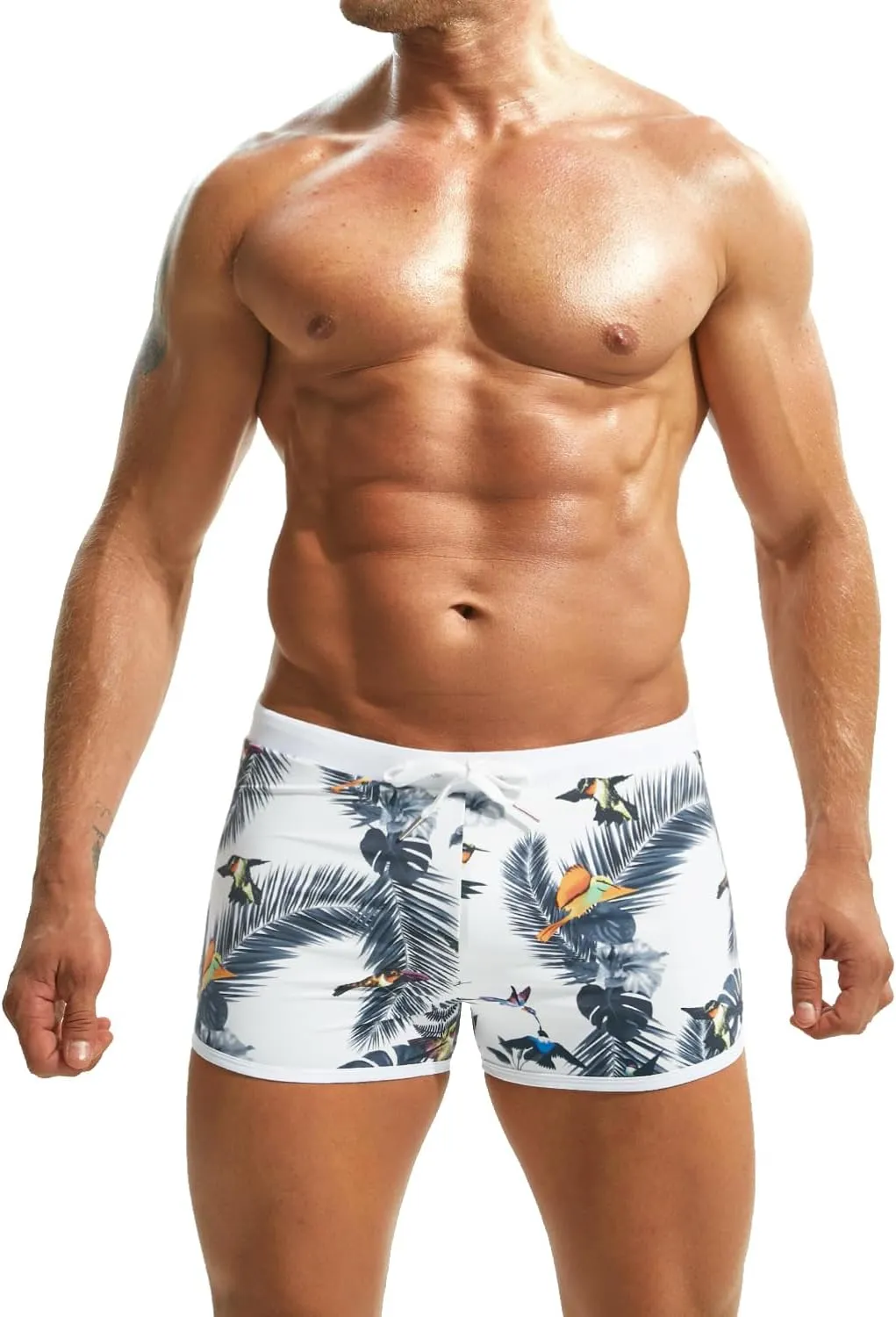 MIZOK Mens Hot Prints Swimwear Shorts Swimsuit Boxer Brief Long Thunk