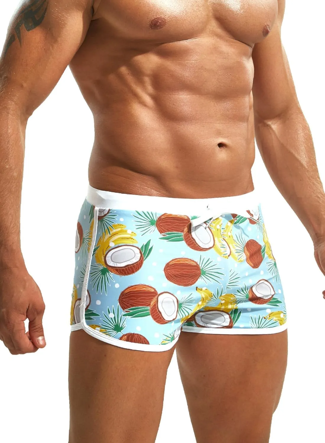 MIZOK Mens Hot Prints Swimwear Shorts Swimsuit Boxer Brief Long Thunk