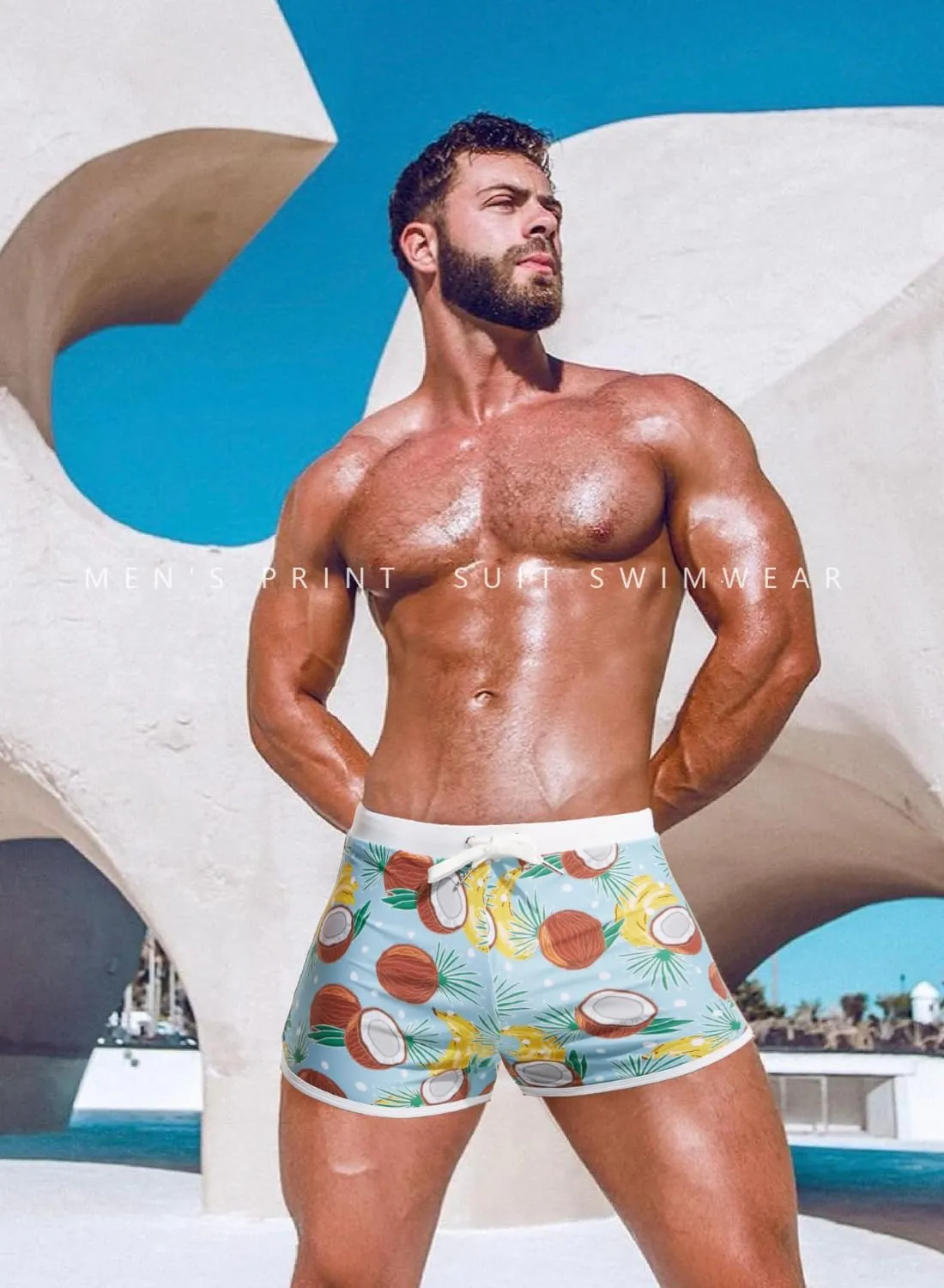 MIZOK Mens Hot Prints Swimwear Shorts Swimsuit Boxer Brief Long Thunk