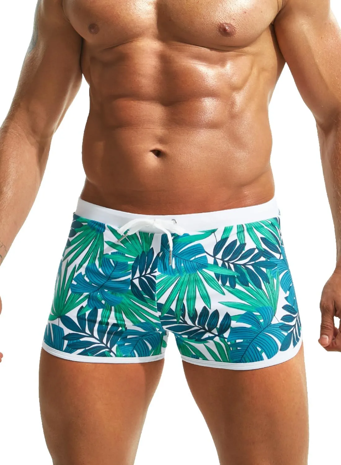 MIZOK Mens Hot Prints Swimwear Shorts Swimsuit Boxer Brief Long Thunk