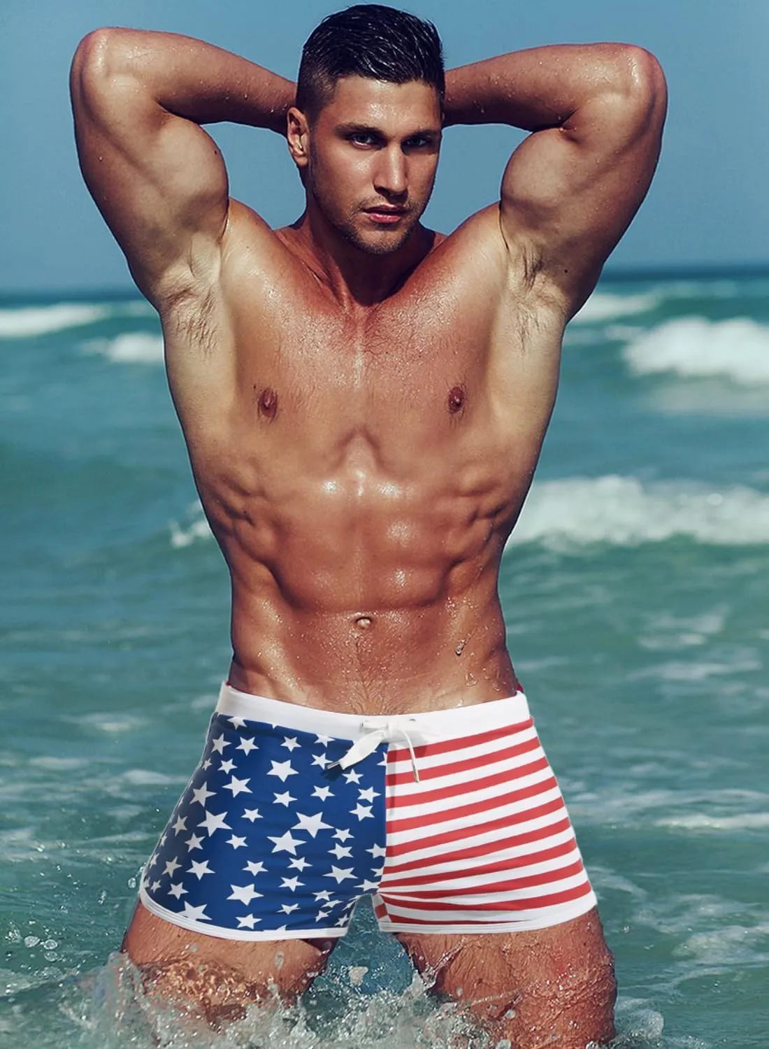 MIZOK Mens Hot Prints Swimwear Shorts Swimsuit Boxer Brief Long Thunk
