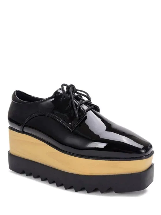 Pretty Black Lace-Up Patent Leather Platform Shoes
