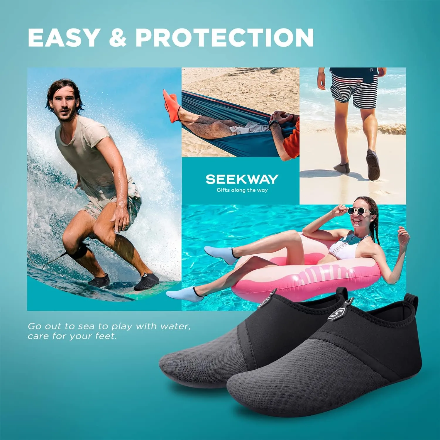 SEEKWAY Water Shoes Quick-Dry Aqua Socks Barefoot Slip-on for Beach Pool Swim River Yoga Lake Surf Women Men Black SK001