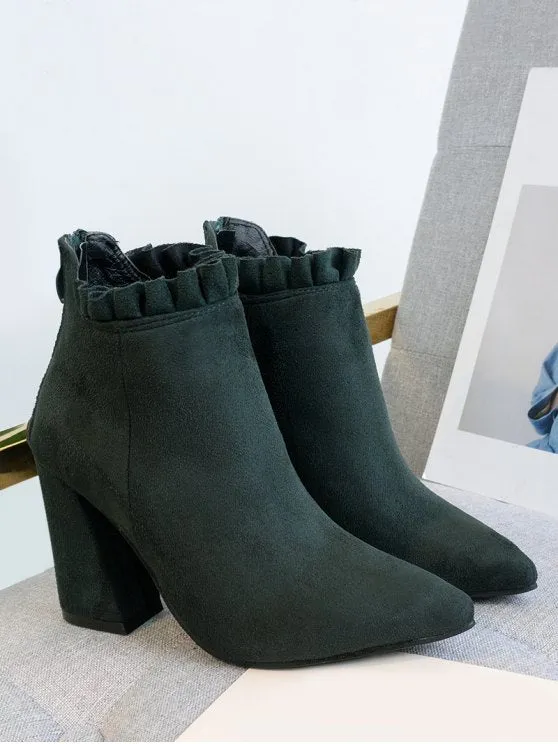Trendy Pointed Toe Ruffles Chunky Heel Boots