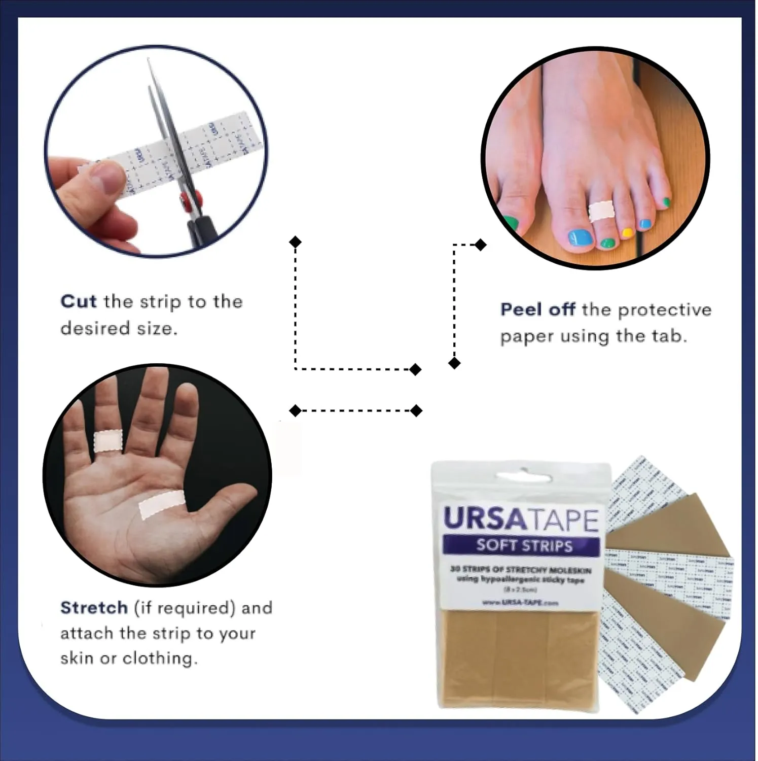 URSA Tape Stretchy Moleskin Fabric Tape | 30 Blister Strips, Heavy-Duty, No-Residue Blister Bandages for Feet & Body for Fabric | Beige Moleskin Tape (3.14 x 0.98in)