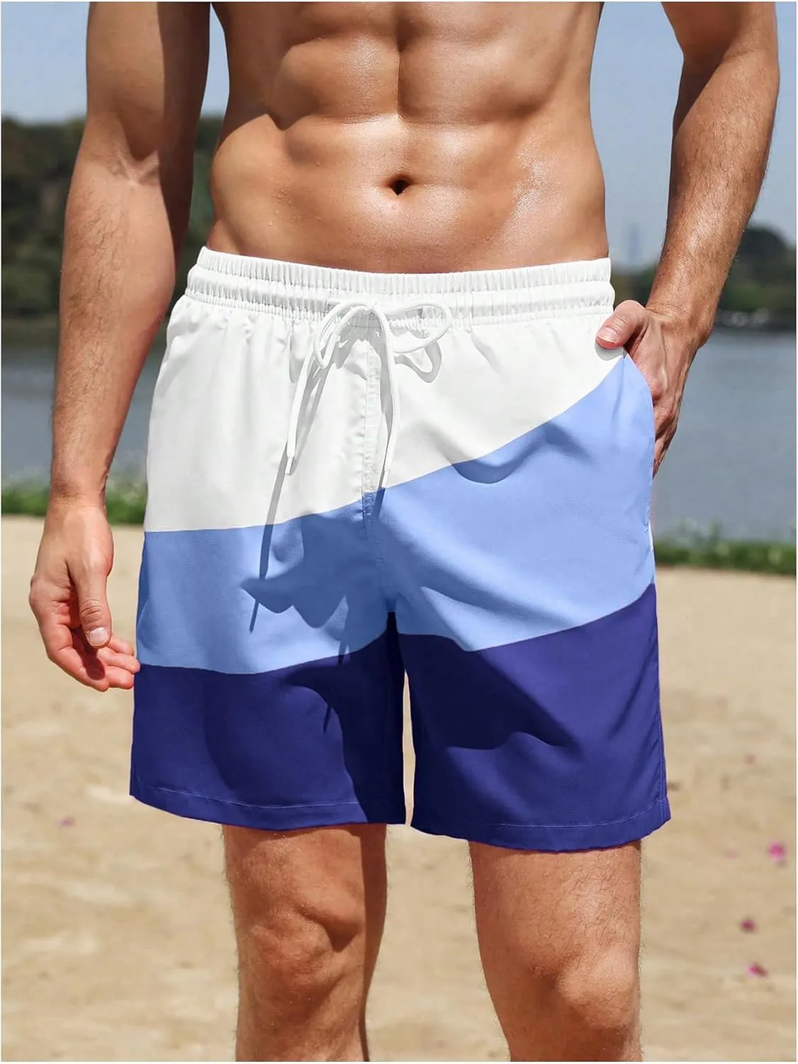 WDIRARA Men's Color Block Beach Shorts Summer Swim Shorts with Drawstring and Pockets