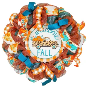Welcome Fall Wreath - Farm Truck Thanksgiving Front Door Decor - Brown Orange Burlap Turquoise
