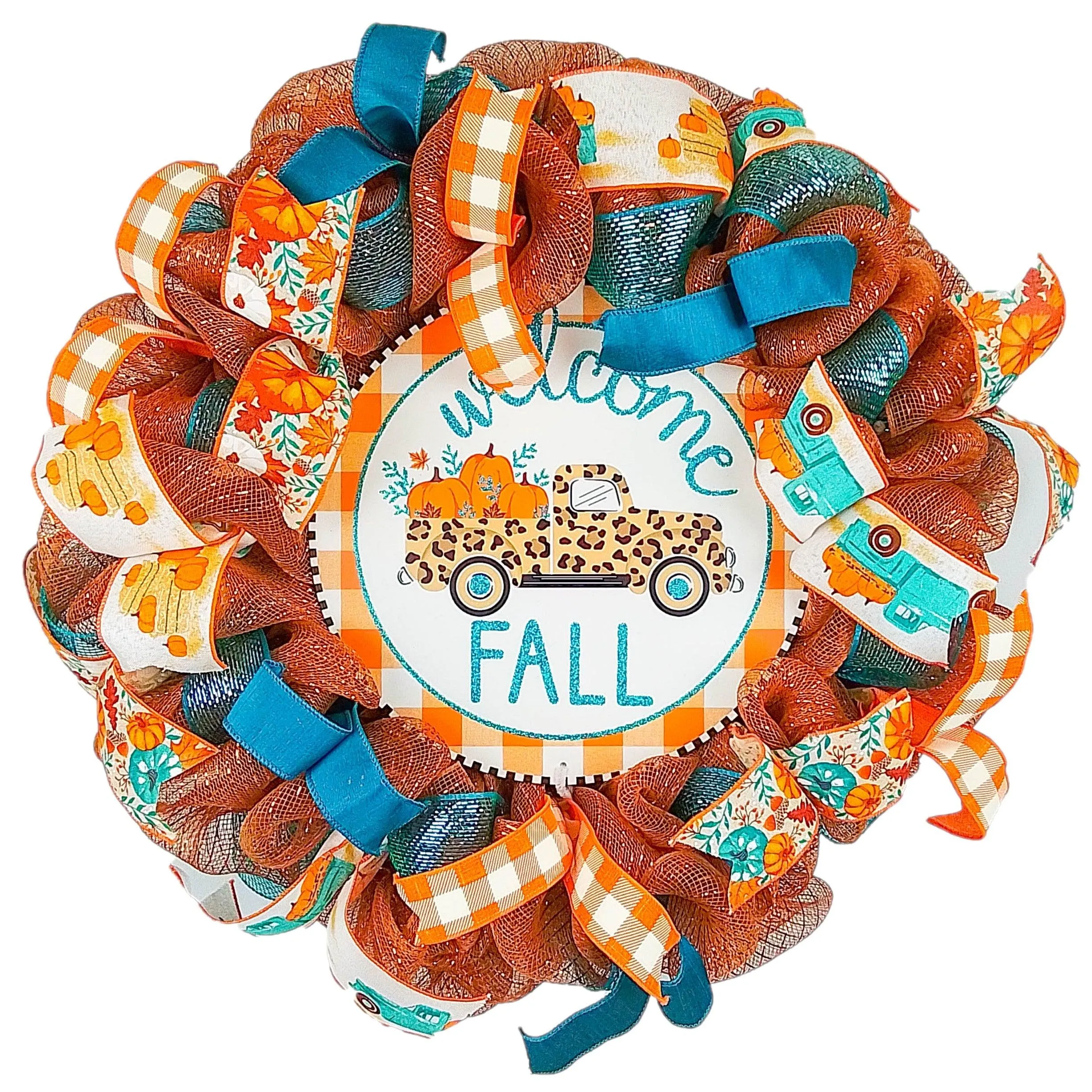 Welcome Fall Wreath - Farm Truck Thanksgiving Front Door Decor - Brown Orange Burlap Turquoise