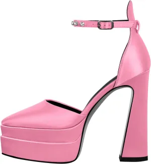 Womens Double High Chunky Platform Pointed Closed Toe Chunky Heels Ankle Strap Rhinestone Pumps Shoes for Dress Wedding Party