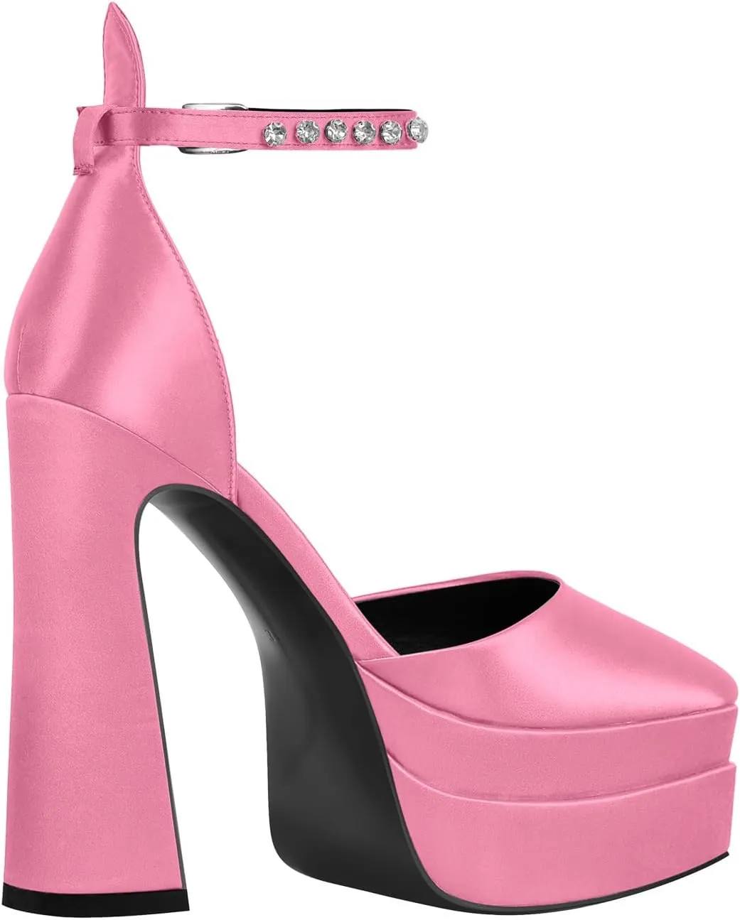 Womens Double High Chunky Platform Pointed Closed Toe Chunky Heels Ankle Strap Rhinestone Pumps Shoes for Dress Wedding Party