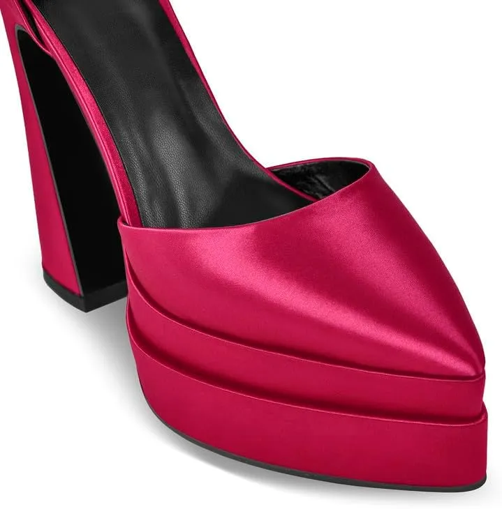 Womens Double High Chunky Platform Pointed Closed Toe Chunky Heels Ankle Strap Rhinestone Pumps Shoes for Dress Wedding Party