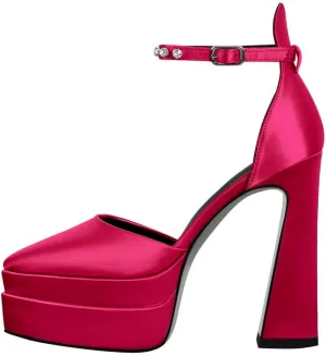 Womens Double High Chunky Platform Pointed Closed Toe Chunky Heels Ankle Strap Rhinestone Pumps Shoes for Dress Wedding Party