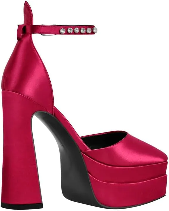 Womens Double High Chunky Platform Pointed Closed Toe Chunky Heels Ankle Strap Rhinestone Pumps Shoes for Dress Wedding Party