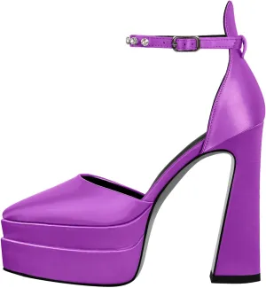 Womens Double High Chunky Platform Pointed Closed Toe Chunky Heels Ankle Strap Rhinestone Pumps Shoes for Dress Wedding Party