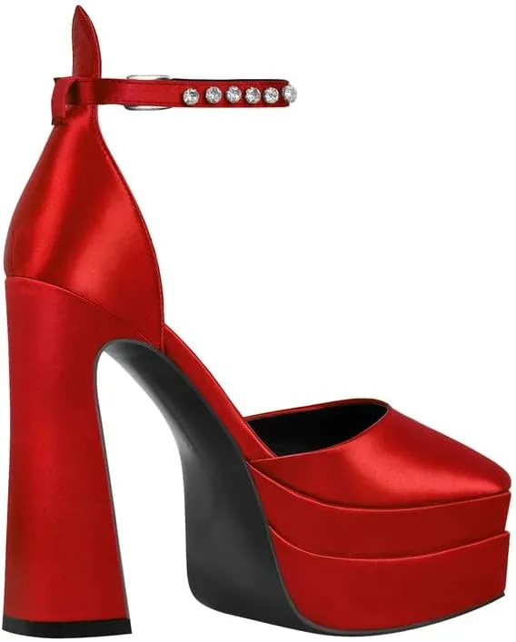 Womens Double High Chunky Platform Pointed Closed Toe Chunky Heels Ankle Strap Rhinestone Pumps Shoes for Dress Wedding Party