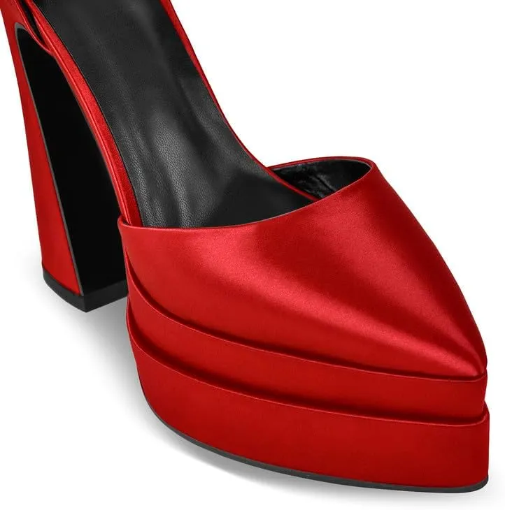 Womens Double High Chunky Platform Pointed Closed Toe Chunky Heels Ankle Strap Rhinestone Pumps Shoes for Dress Wedding Party
