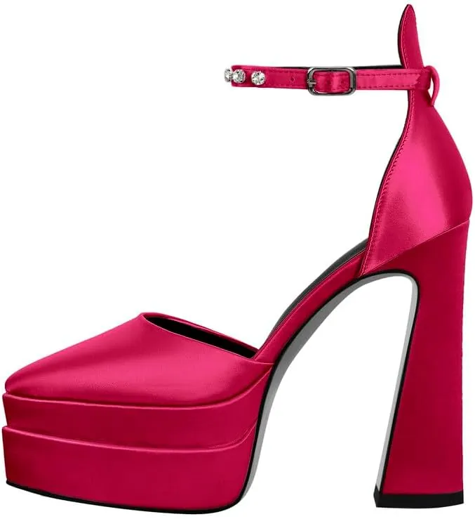 Womens Double High Chunky Platform Pointed Closed Toe Chunky Heels Ankle Strap Rhinestone Pumps Shoes for Dress Wedding Party