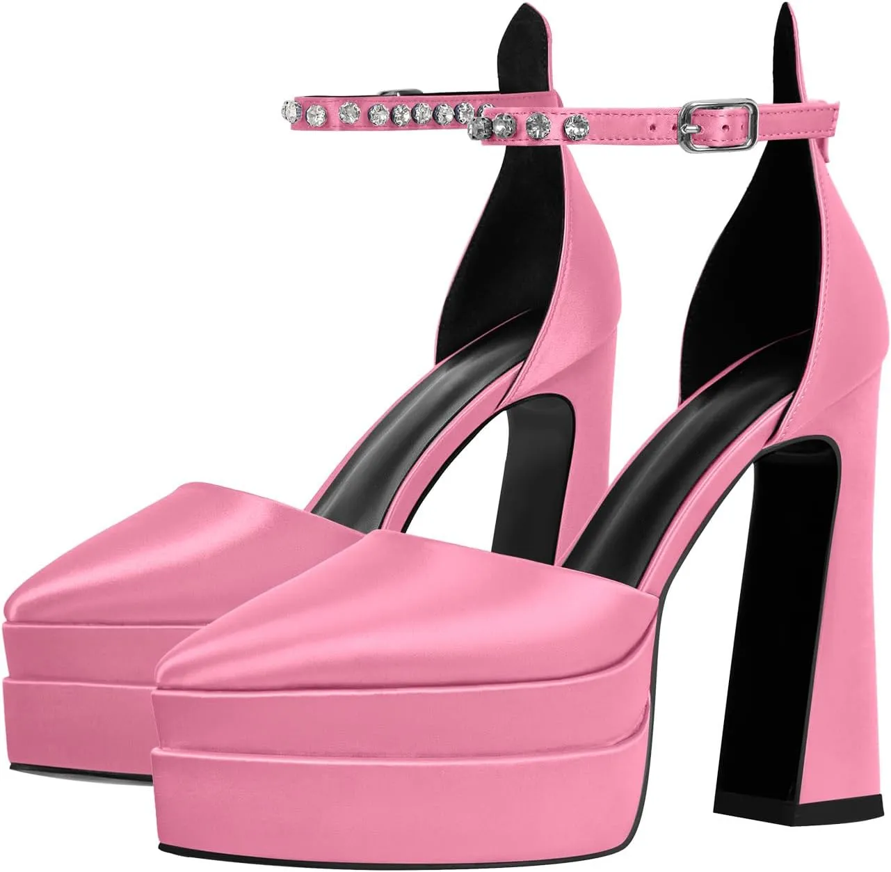Womens Double High Chunky Platform Pointed Closed Toe Chunky Heels Ankle Strap Rhinestone Pumps Shoes for Dress Wedding Party