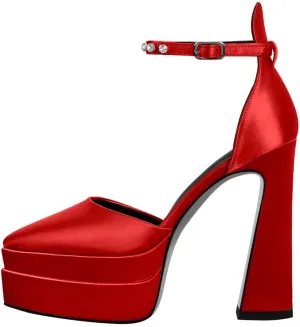 Womens Double High Chunky Platform Pointed Closed Toe Chunky Heels Ankle Strap Rhinestone Pumps Shoes for Dress Wedding Party