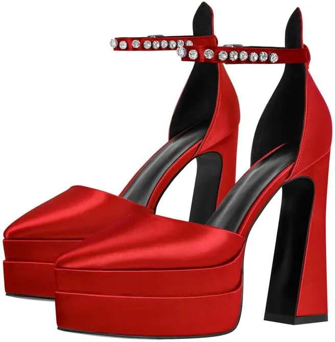 Womens Double High Chunky Platform Pointed Closed Toe Chunky Heels Ankle Strap Rhinestone Pumps Shoes for Dress Wedding Party