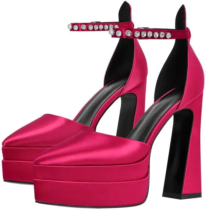 Womens Double High Chunky Platform Pointed Closed Toe Chunky Heels Ankle Strap Rhinestone Pumps Shoes for Dress Wedding Party